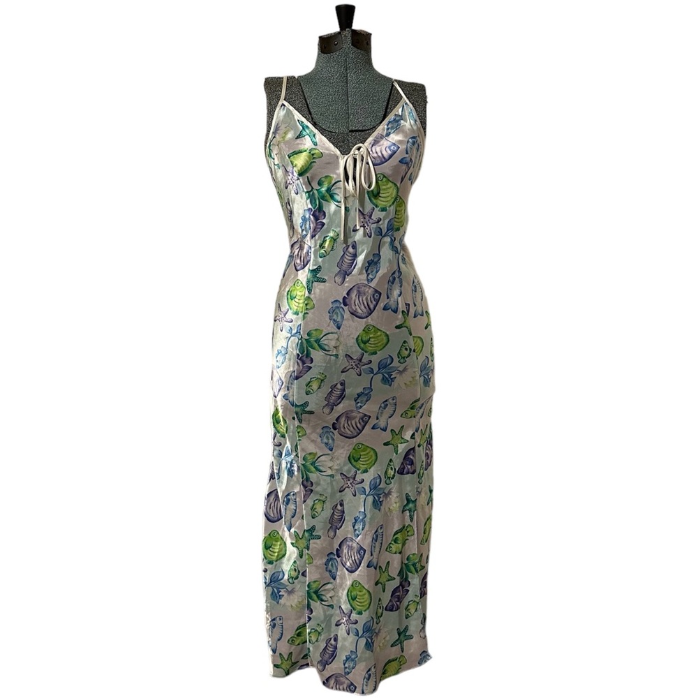 Vintage Victoria's Secret blue purple fish flower lace trim nightie slip dress